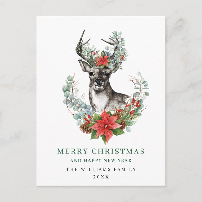 Carte Postale Noël Deer Poinsettia Salutation vacances (Devant)