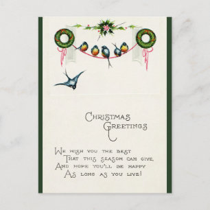 Carte Postale Noël des oiseaux vintages au ruban