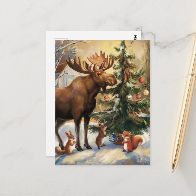 Carte Postale Noël des orignaux et des écureuils (Devant/Arrière en situation)