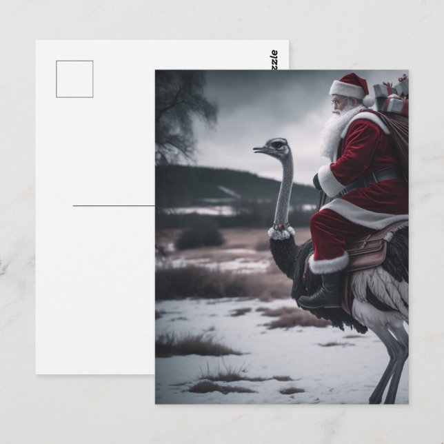 Carte Postale Noël drôle Père Noël et Ostrich (Devant / Derrière)