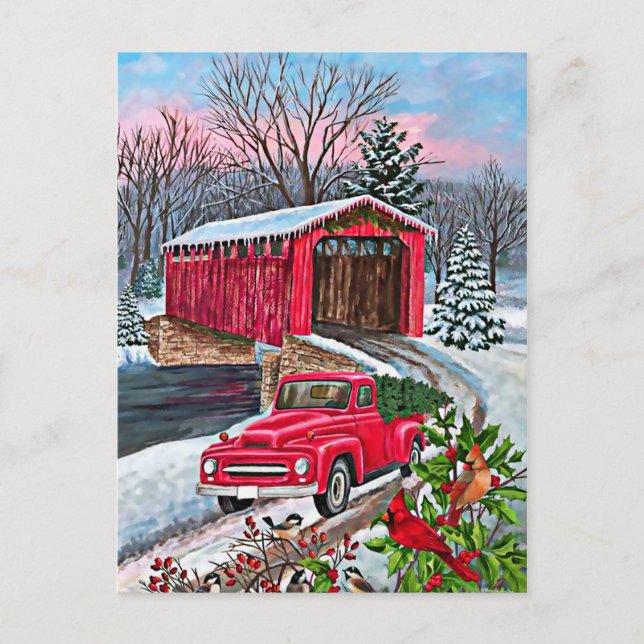 Carte Postale Noël du camion rouge à l'aquarelle rustique (Devant)
