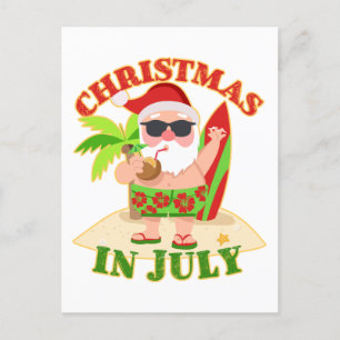 Carte Postale Noël en juillet Père Noël avec Surfboard