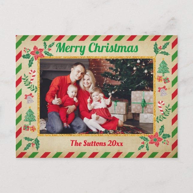 Carte Postale Noël Famille Photo Parties scintillant Air Mail (Devant)