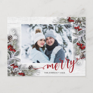 Carte Postale Noël Holly Pine Rustic Photo de vacances Salutatio