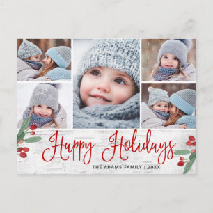 Carte Postale Noël Holly Rustic 5 PHOTO Salutation Holiday
