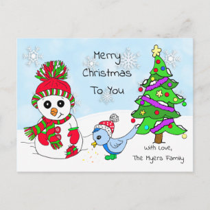 Carte Postale Noël mignon et blanc Snowman et Bird