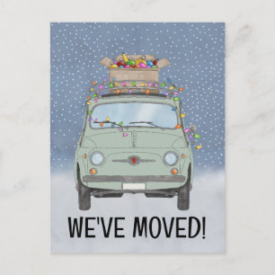 Carte Postale Noël Nous avons déménagé Voiture verte avec lumièr