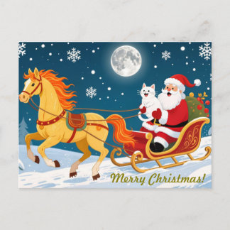 Carte Postale Noël, Nouvel An, Cheval Rouge, Père Noël & Chat Bl