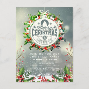 Carte Postale Noël Nouvel An Fête de Vacances Holly Wreath neige