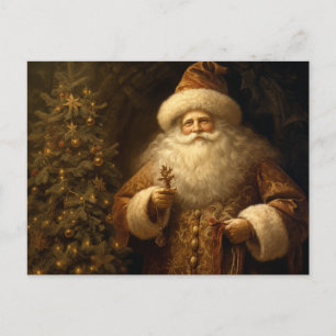 Carte Postale Noël Père Noël Ornements Dorés Pin