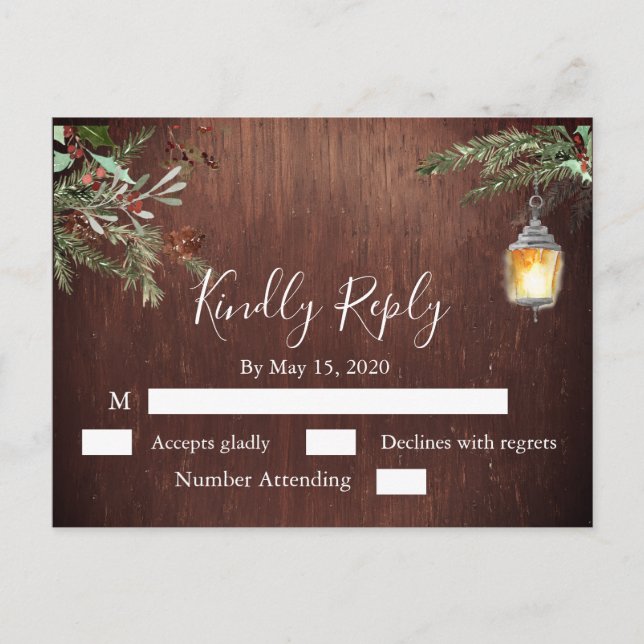 Carte Postale Noël Pin de bois Mariage d'hiver RSVP (Devant)