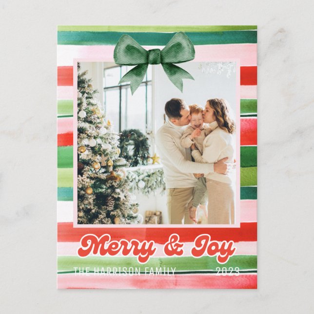 Carte Postale Noël Red Green Stripes Joyeux & Joie Photo (Devant)
