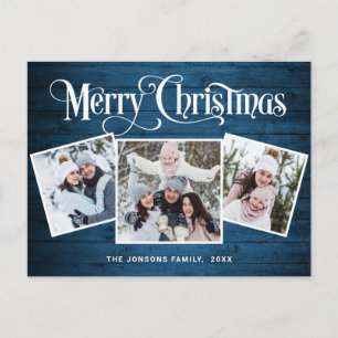 Carte Postale Noël Rustic Wood 3 PHOTO Salutation Holiday