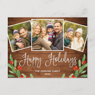 Carte Postale Noël Rustic Wood 3 PHOTO Salutation Holiday