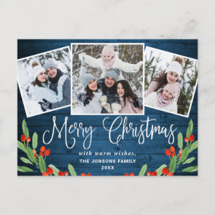 Carte Postale Noël Rustic Wood 3 PHOTO Salutation Holiday