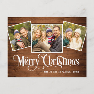 Carte Postale Noël Rustic Wood 3 PHOTO Salutation Holiday