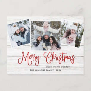 Carte Postale Noël Rustic Wood 3 PHOTO Salutation Holiday