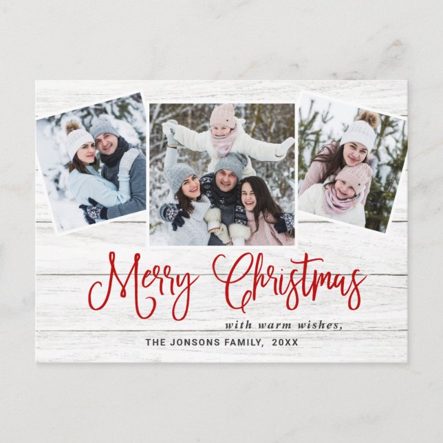 Carte Postale Noël Rustic Wood 3 PHOTO Salutation Holiday (Devant)