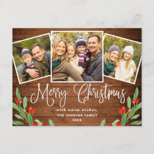 Carte Postale Noël Rustic Wood 3 PHOTO Salutation Holiday