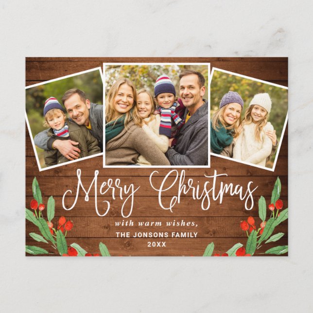Carte Postale Noël Rustic Wood 3 PHOTO Salutation Holiday (Devant)
