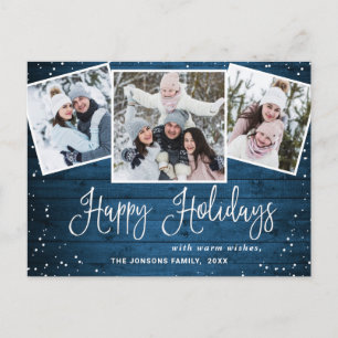 Carte Postale Noël Rustic Wood 3 PHOTO Salutation Holiday