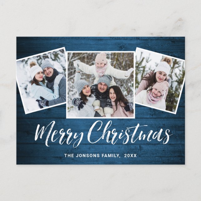 Carte Postale Noël Rustic Wood 3 PHOTO Salutation Holiday (Devant)