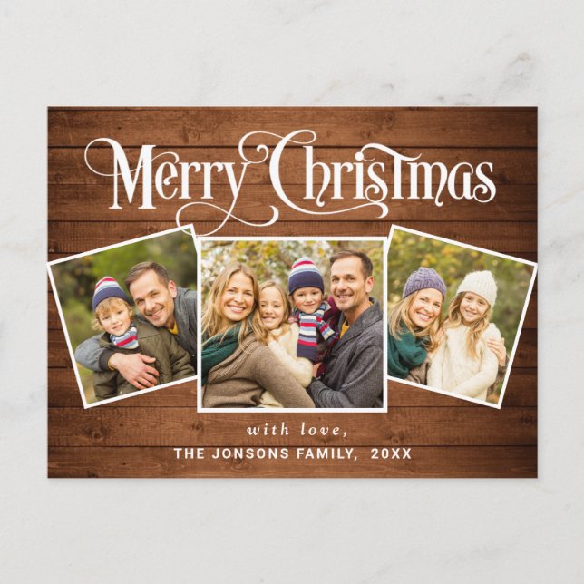 Carte Postale Noël Rustic Wood 3 PHOTO Salutation Holiday (Devant)