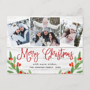 Carte Postale Noël Rustic Wood 3 PHOTO Salutation Holiday