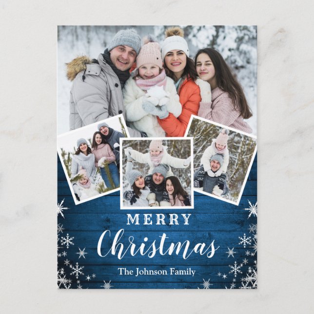 Carte Postale Noël Rustic Wood 4 PHOTO Salutation Holiday (Devant)