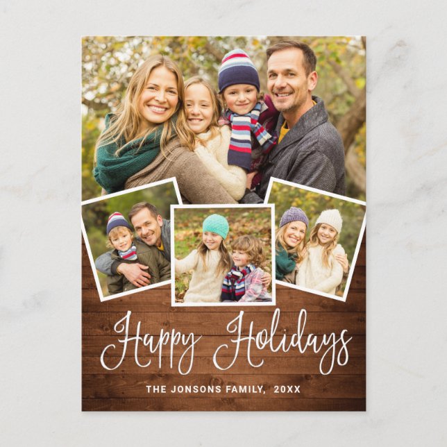 Carte Postale Noël Rustic Wood 4 PHOTO Salutation Holiday (Devant)