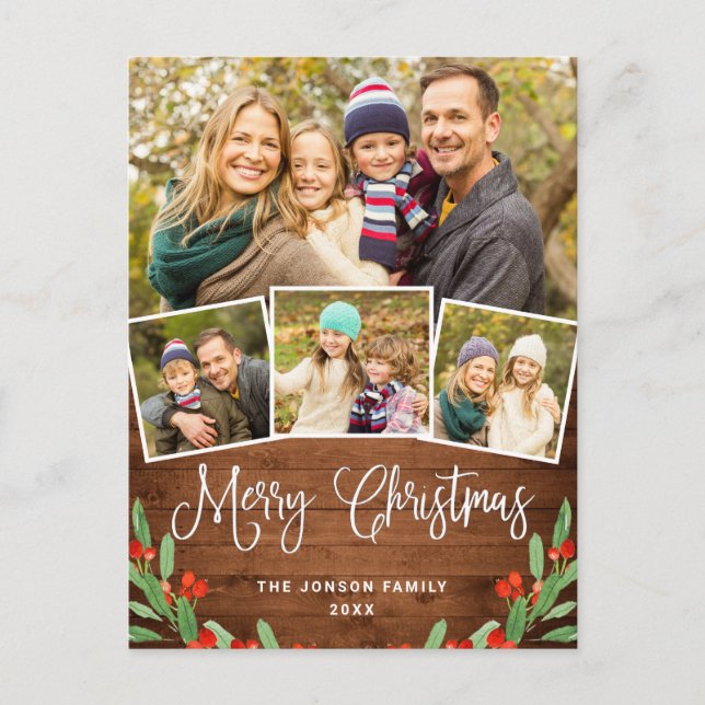 Carte Postale Noël Rustic Wood 4 PHOTO Salutation Holiday (Devant)