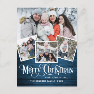 Carte Postale Noël Rustic Wood 4 PHOTO Salutation Holiday