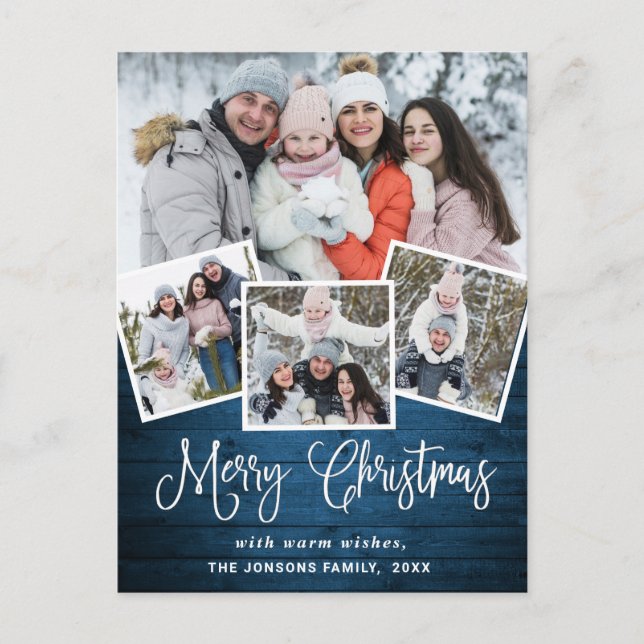 Carte Postale Noël Rustic Wood 4 PHOTO Salutation Holiday (Devant)