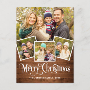 Carte Postale Noël Rustic Wood 4 PHOTO Salutation Holiday