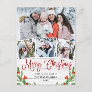 Carte Postale Noël Rustic Wood 4 PHOTO Salutation Holiday