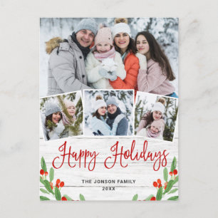 Carte Postale Noël Rustic Wood 4 PHOTO Salutation Holiday