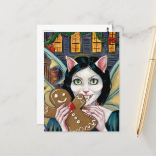 Carte Postale Noël Vampire Kitty avec pain d'épices Cookie