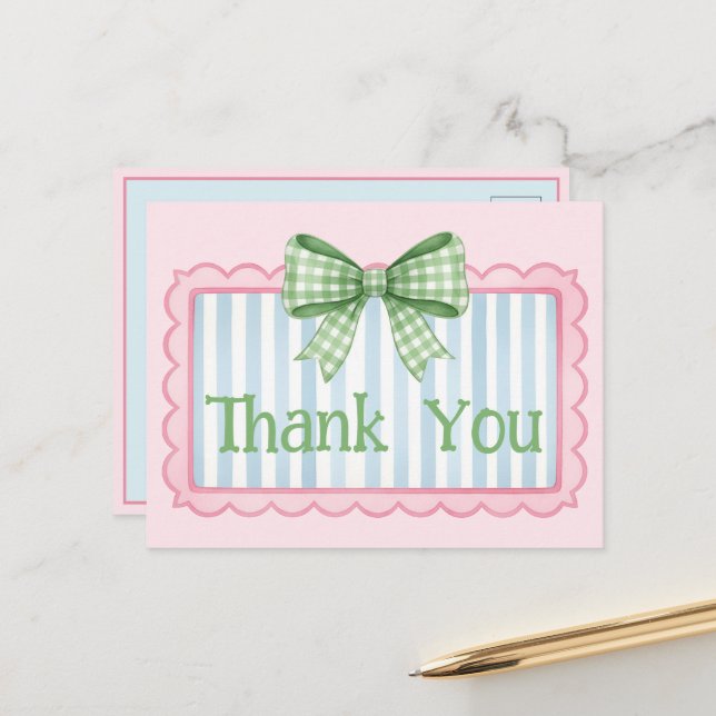 Carte Postale Nœud Gingham Vert Cadre Rose et Bleu Merci (Devant/Arrière en situation)