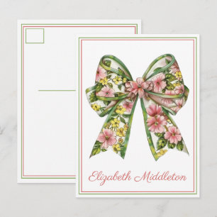 Carte Postale Nœud papillon personnalisé aquarelle rose et vert