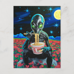 Carte Postale Noir Alien Vert Yeux Manger des nouilles en Fleurs