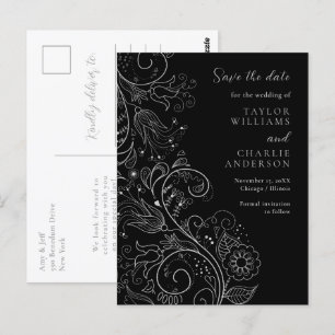 Carte Postale Noir Argent Élégant Mariage Floral Enregistrer La 