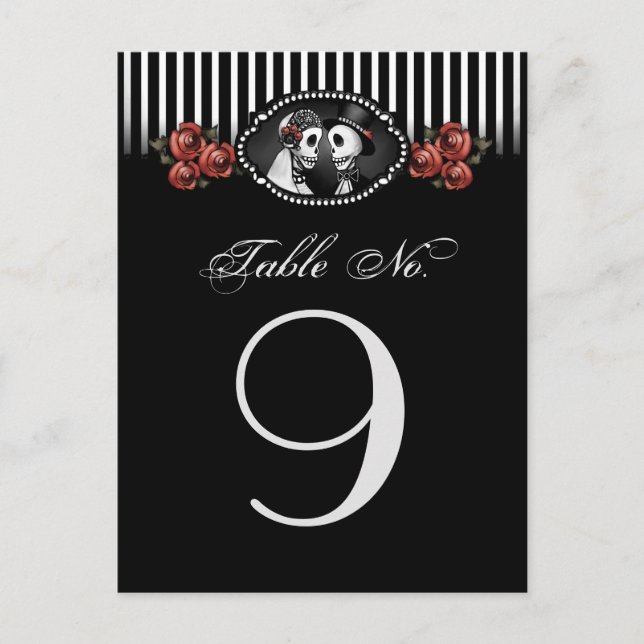 Carte Postale Noir Blanc Halloween Mariage Skeletons Rouge Flora (Devant)