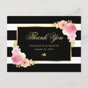 Carte Postale Noir Blanc Or Blush rose Merci Floral