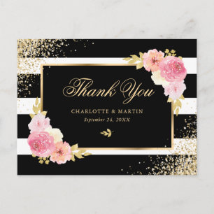 Carte Postale Noir Blanc Or Confetti Blush Merci Floral