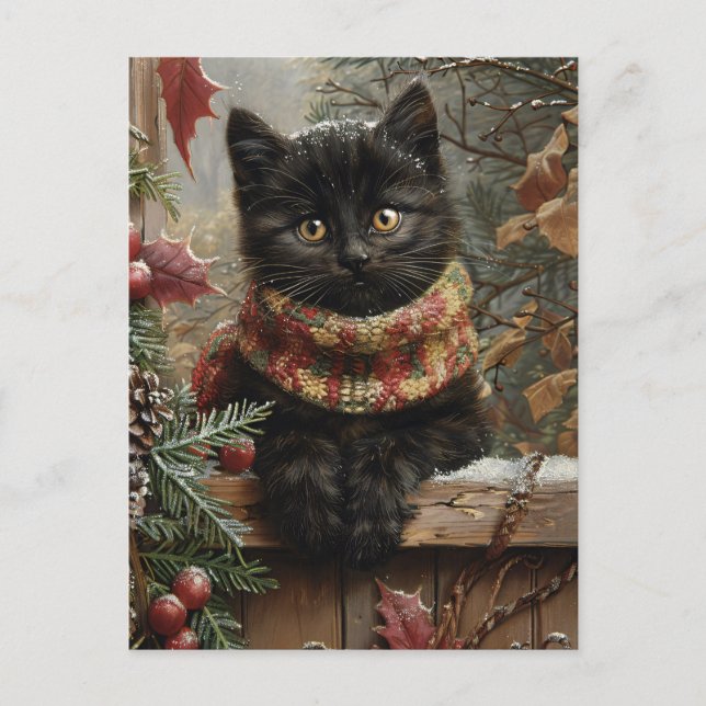 Carte Postale Noir Cat Vintage Noël (Devant)