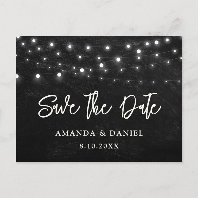 Carte Postale Noir Chalkboard String Lights Enregistrer La Date (Devant)