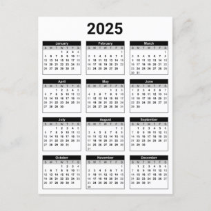 Carte Postale Noir et blanc 2025 Année à un coup d'oeil Calendri