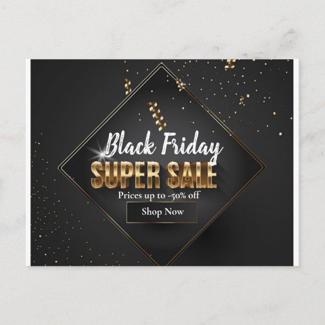 Carte Postale Noir et or Confetti Black Friday Super Sale (Devant)