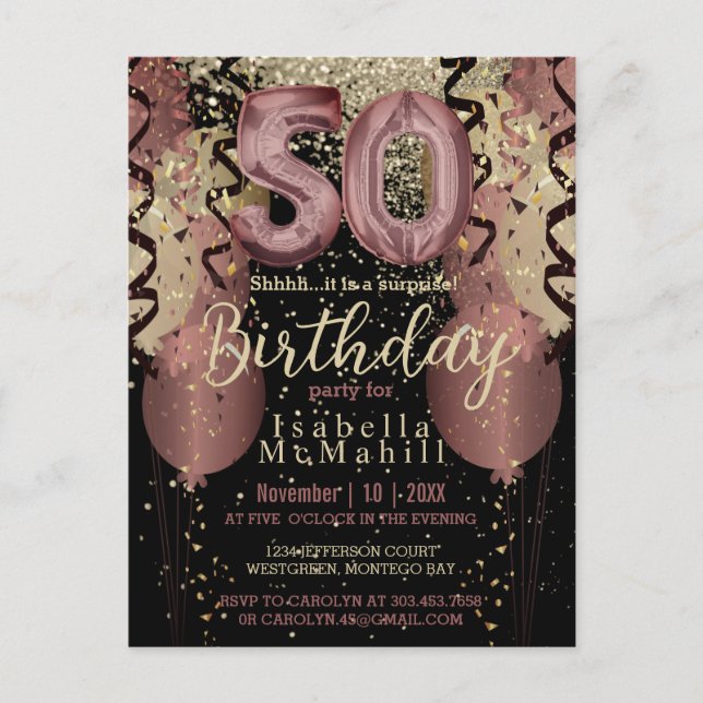 Carte Postale Noir et Rose Gold Pailleté 50ème Anniversaire (Devant)