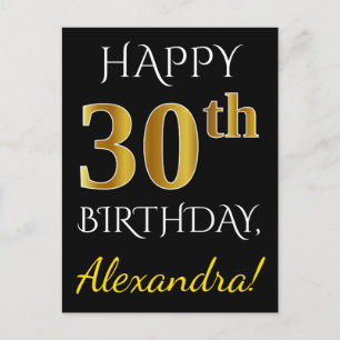 Carte Postale Noir, Faux Gold 30e anniversaire + Nom personnalis